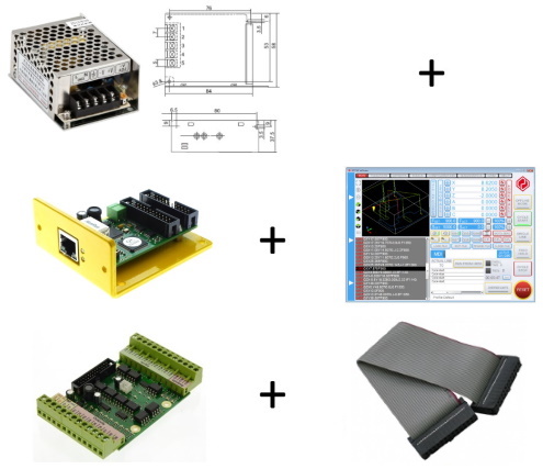 UC400ETH + UCSB breakout board + 24Volts DC 25Watt powersupply + IDC26 to IDC26 cable + free UCCNC software